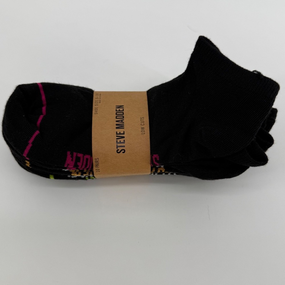 Steve Madden Womens Low Cut Socks 10 Pair Pack Black Neon Logo Size 5-10